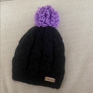 Columbia Black Beanie with Vibrant Purple Pom